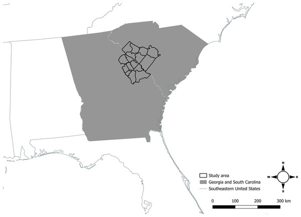 The 16-county area where Savannah River study area was located in Georgia and South Carolina, United States, in which we sampled coyotes for carbon and nitrogen isotope analyses and estimated coyote space use during 2016–2017.