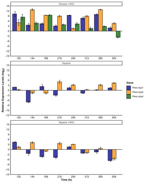 Effect of carbon source and AYG dye on the relative expression levels of the three Pleos-dyp genes.