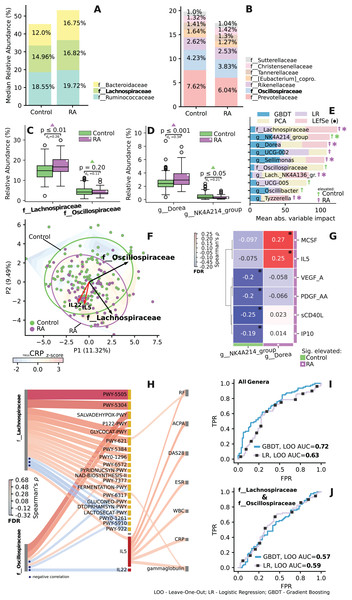 Importance and correlation analysis of differentially enriched and related taxa of the Lachnospiraceae and Oscillospiraceae (LO) families.