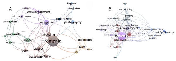 (A) Network visualization—WoS. (B) Network visualization—Scopus.