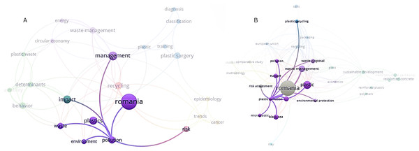 (A) Network visualization with a focus on pollution—WoS. (B) Network visualization with a focus on plastic pollution–Scopus.