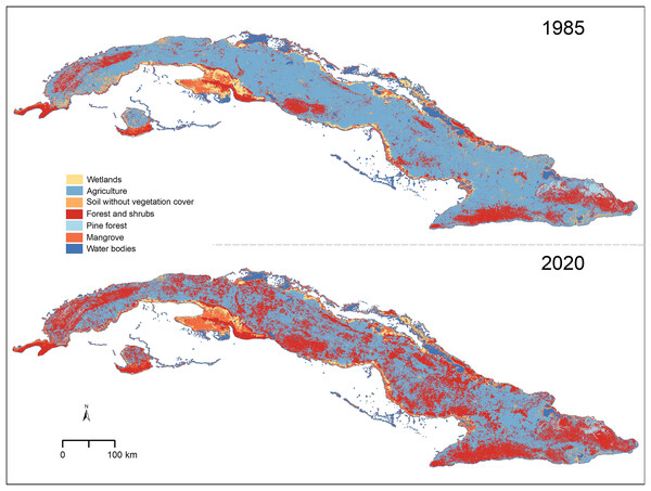 Vegetation types in Cuba for the years 1985 and 2020.