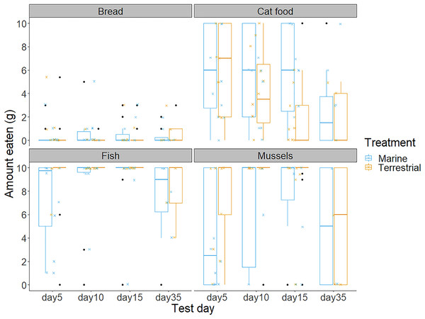 The amount of bread, cat food, fish and mussels consumed by the chicks in the 10 min food preference trials on each of the test days.