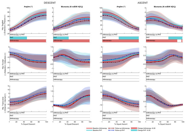 Sagittal (top), frontal (middle) and transverse (bottom) plane hip angles and moments across squat descent and ascent.