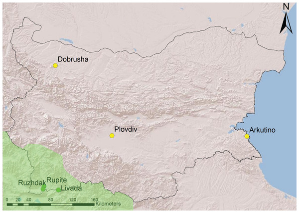 Geographical location of study sites in Bulgaria.