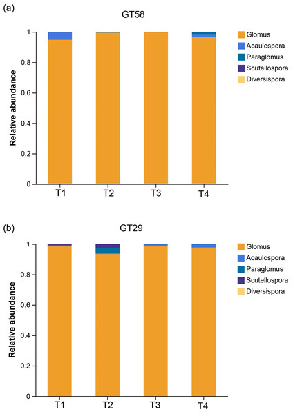 The relative abundance of AMF communities in sugarcane rhizosphere soils with different fertilization rates.