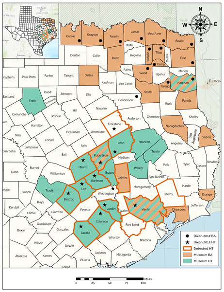 Map demonstrating the range of the Houston Toad and Dwarf American Toad in East Central Texas, USA, according to varying information sources.