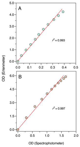 Growth curve of E. coli ATCC 25922 as derived from OD measurements recorded using the Erlenmeter turbidimeter.