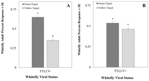 Two-choice visual assays showing the percentage of Bemisia tabaci response to yellow and green visual targets.