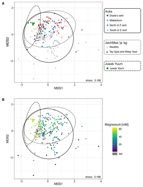 Non-metric multidimensional scaling (NMDS) plot based on 16S rRNA amplicon sequence variants of bacteria and archaea across the two vent sites Auka and JaichMaa ‘ja ‘ag, and the third site Juwak Yuum in the Pescadero Basin.