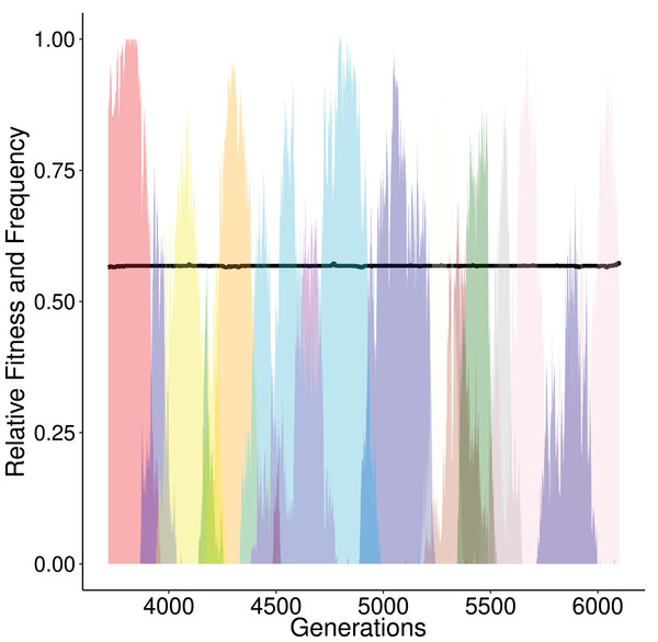 Alternating frequency-trajectories of the various regulatory networks at a certain fitness level (0.5679; black horizontal line).