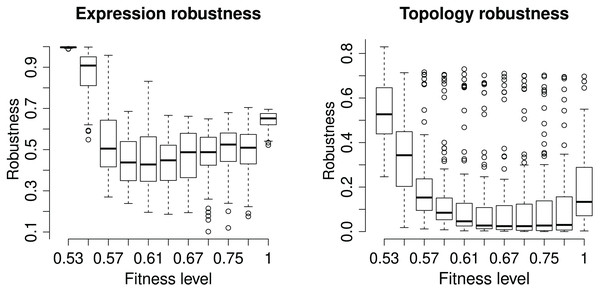 Robustness of the (binary) expression vector and network topology.