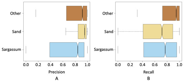 Precision and recall for classes Sargassum, Sand, and Others.