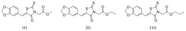 Molecular structures of three trehalase inhibitors: 1G, 2G, and 11G.