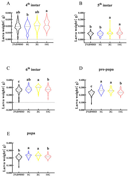 Effect of trehalase (TRE) inhibitors on the weight of each instar in S. frugiperda.