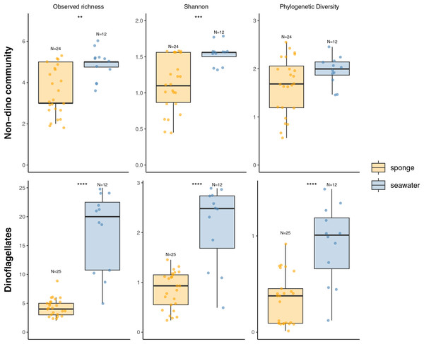 Alpha diversity indexes (Observed richness, Shannon, and Phylogenetic diversity) of eukaryotic microbial communities associated with Antarctic sponges (orange) and SW (blue).