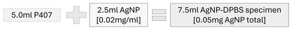 Diagram depicting the formulation of AgNP-P407: 2.5 ml of AgNP (shaded) was added to 5.0 ml of poloxamer 407 (P407, gray) to create the solution.