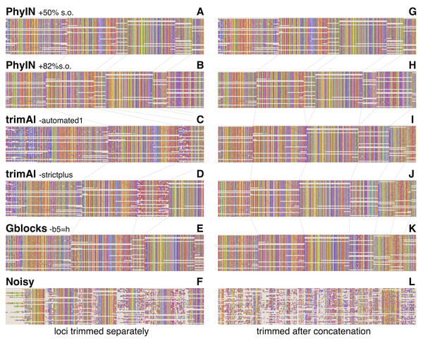 Comparison of trimming by PhyIN, trimAl, Gblocks, and Noisy.