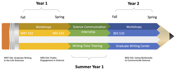 Timeline of the 2-year SciWrite Program used to train each of the two cohorts of graduate students from 2016–2019: Progression through three courses (WRT 533 Graduate Writing in the Life Sciences, NRS 543 Public Engagement in Science, and BES 533 Using Multimedia to Communicate Science), simultaneous workshops, a summer science communication internship and writing tutor training and working as writing tutors at the URI Graduate Writing Center.