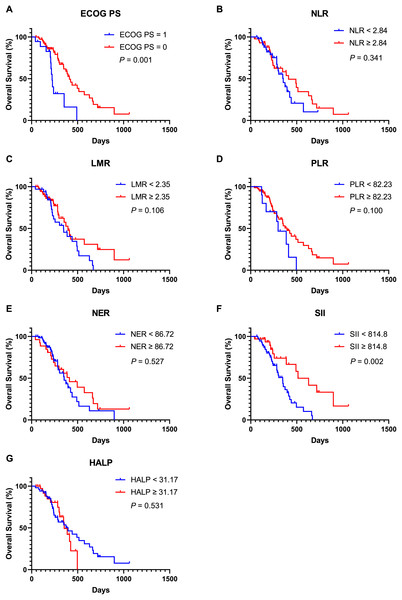 Kaplan-Meier curve for OS in AGC patients receiving immune checkpoint inhibitors combined with chemotherapy stratified based on ECOG PS and baseline inflammation indicators.