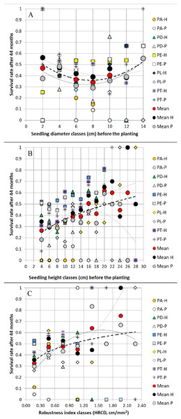 Relationships between (A) seedling root collar diameter classes, (B) seedling height classes, (C) seedling robustness index classes before planting and survival rate 44 months after planting.