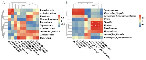 (A, B) Correlation analysis between bacteria and fungi.