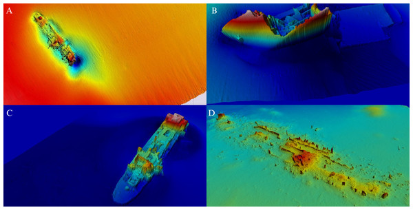 Bathymetric charts of shipwreck locations at the Baltic Sea seabed.