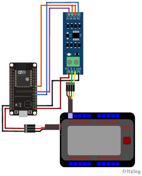 Wiring diagram between ESP32, RS485 decoder and VEX V5 microprocessor.