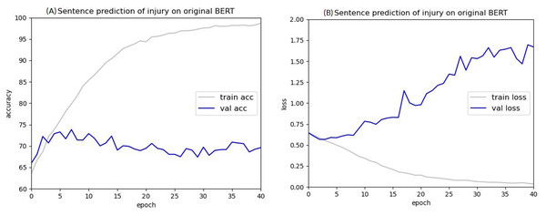 Accuracy (A) and loss (B) curves of predicting sentence in injury cases using the original BERT model.