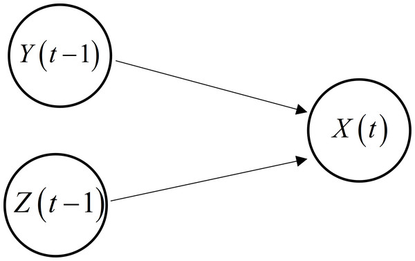 Causality topology between each pair of variables with their respective time lags.