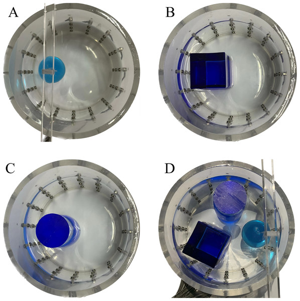 Different forms of acrylic models, (A) sphere, (B) cube, (C) cylinder, (D) 3 acrylic models.