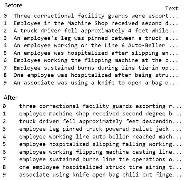 The sample of text dataset before and after the text preprocessing.