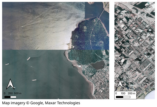 Examples of low quality features of RGB aerial photos showing general low-details and differences in ocean and forest color (left) and in building angles (right) across the boundaries of mosaicked aerial photos captured in 1995 over Vancouver, BC, Canada.