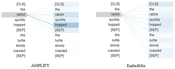 The influence of the fourth MHA layer of the model, after undergoing AMPLIFY and EmbedMix operations, respectively, on a specific word “rabbit”.