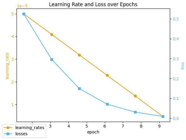 Learning rate and loss during fine-tuning training.