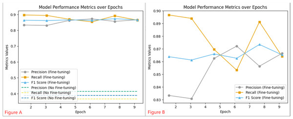 Model Performance Metrics over Epochs: Graph (A) illustrates the consistent metrics of a Fine-tuning model vs the baseline of a non-Fine-tuning model, while Graph (B) details the dynamic changes in performance at various training checkpoints for the Fine-tuning model.