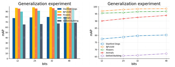 Results of model generalization experiments on five datasets with code lengths ranging from 12 to 48.