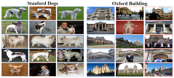 Sample of datasets, where one row of three images in each dataset is a category, and the red boxes show the images that negatively affect retrieval accuracy.