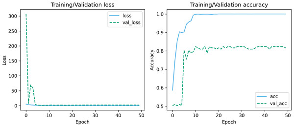 Training-validation loss and accuracy over iteration epochs.