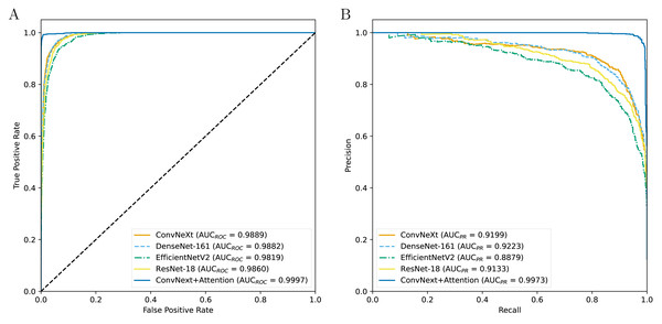 The ROC curves (A) and PR curves (B) for all the models.