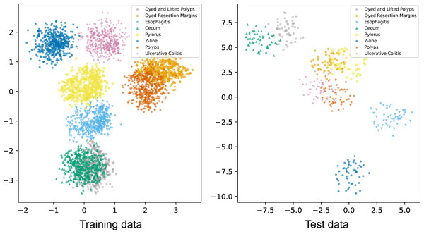 t-SNE visualizations of samples of eight classes in the training and test data.