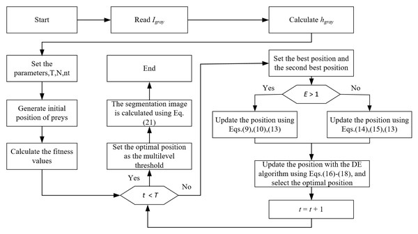 The flowchart of the DEGJO algorithm for multilevel threshold image segmentation.