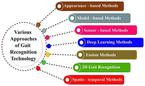 Various approaches of gait recognition technology.