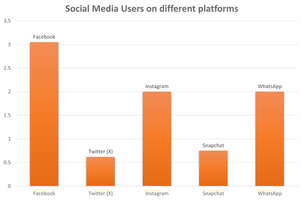 A schematic illustration of monthly active social media user around the world.