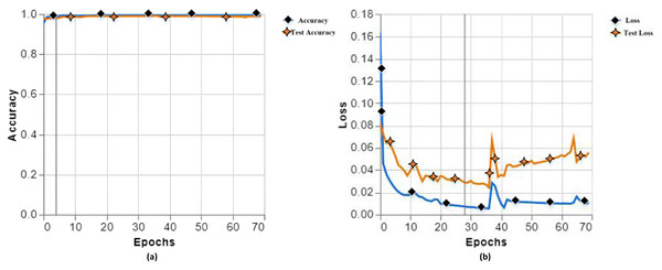 Training and testing accuracy (A), training and testing loss (B) with different parameters of experiment 13.