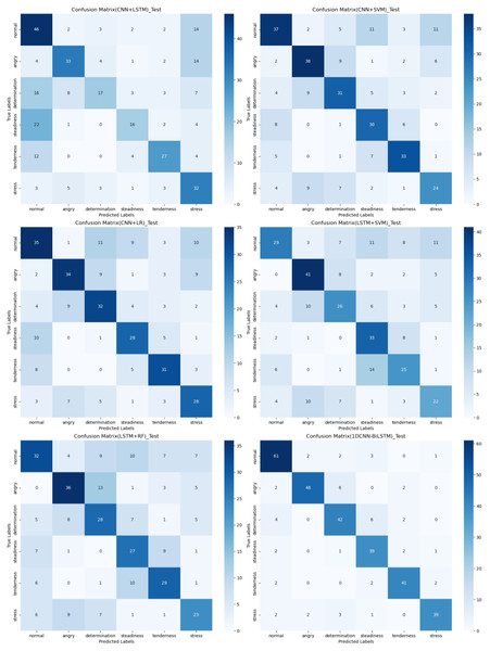 Confusion matrix visualization of different hybird models on the test set.