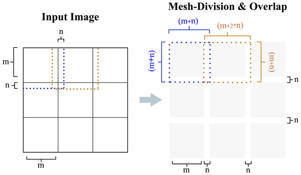 Dividing the image into a mesh grid and adding an overlap region is described.