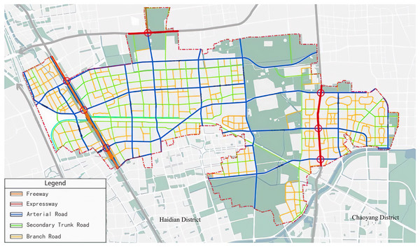 Road network of the Huitian area with different road types marked.